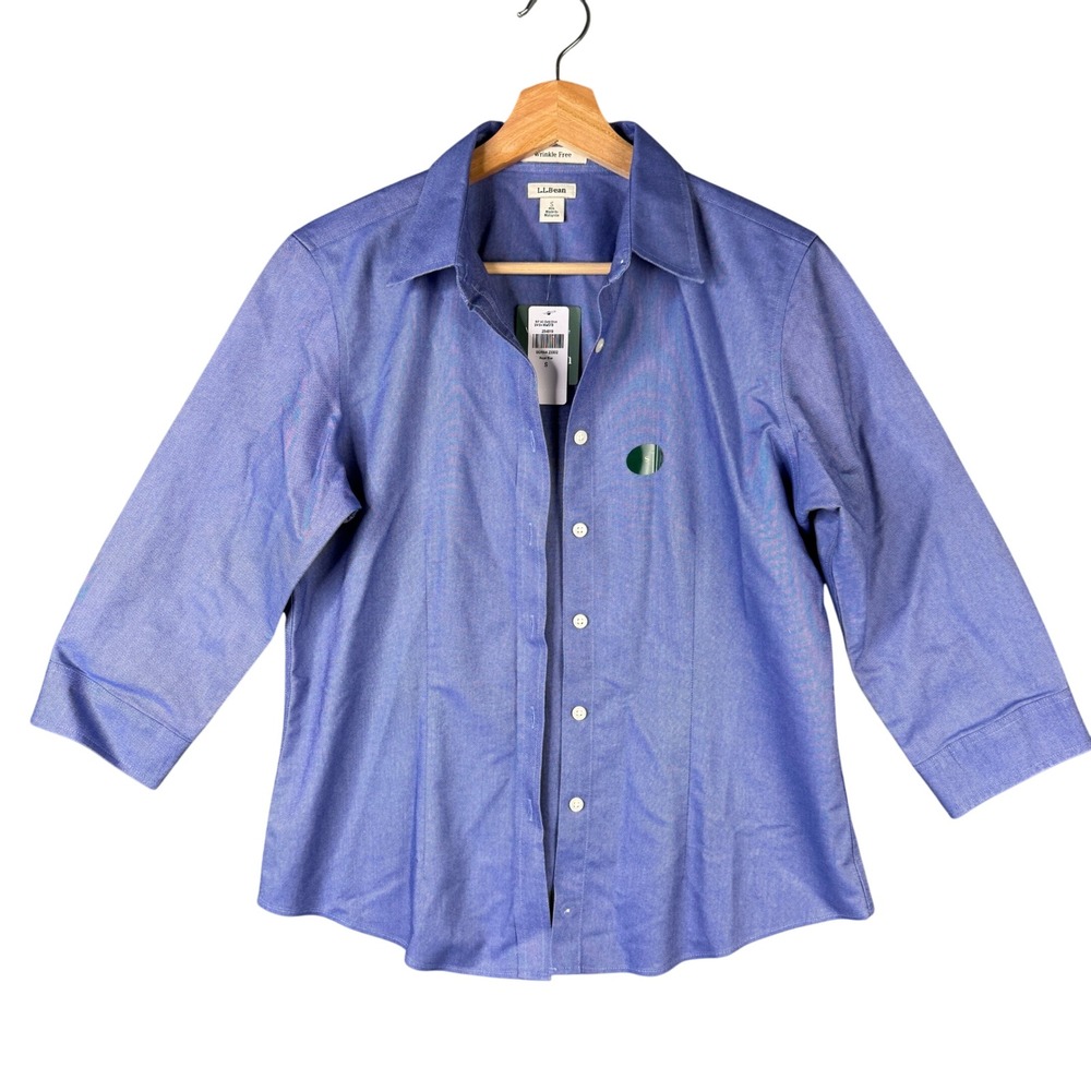 LL Bean Wrinkle Free AC Oxford Shirt Royal Blue 3/4 Sleeve 254819 Womens S NEW
